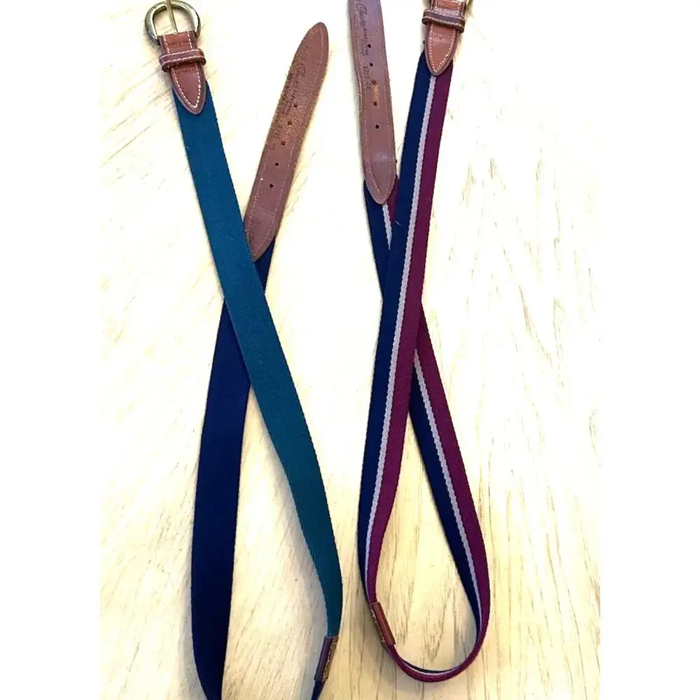2* VTG Golf Belt Men 42/44 Burgundy Blue Stripe Canvas Brown Leather Colours R